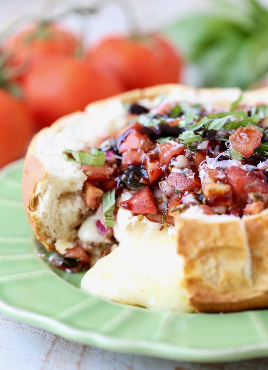 Baked Brie in Sourdough Bread Bowl with Tomato Basil Bruschetta