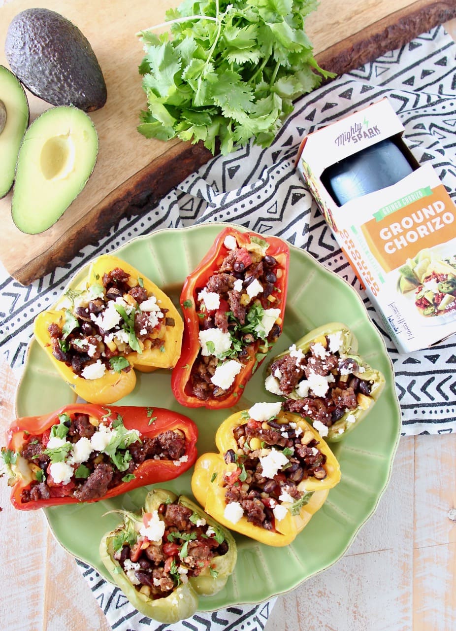 Grilled Stuffed Bell Peppers with Ground Chorizo, Tomatoes, Black Beans and Corn