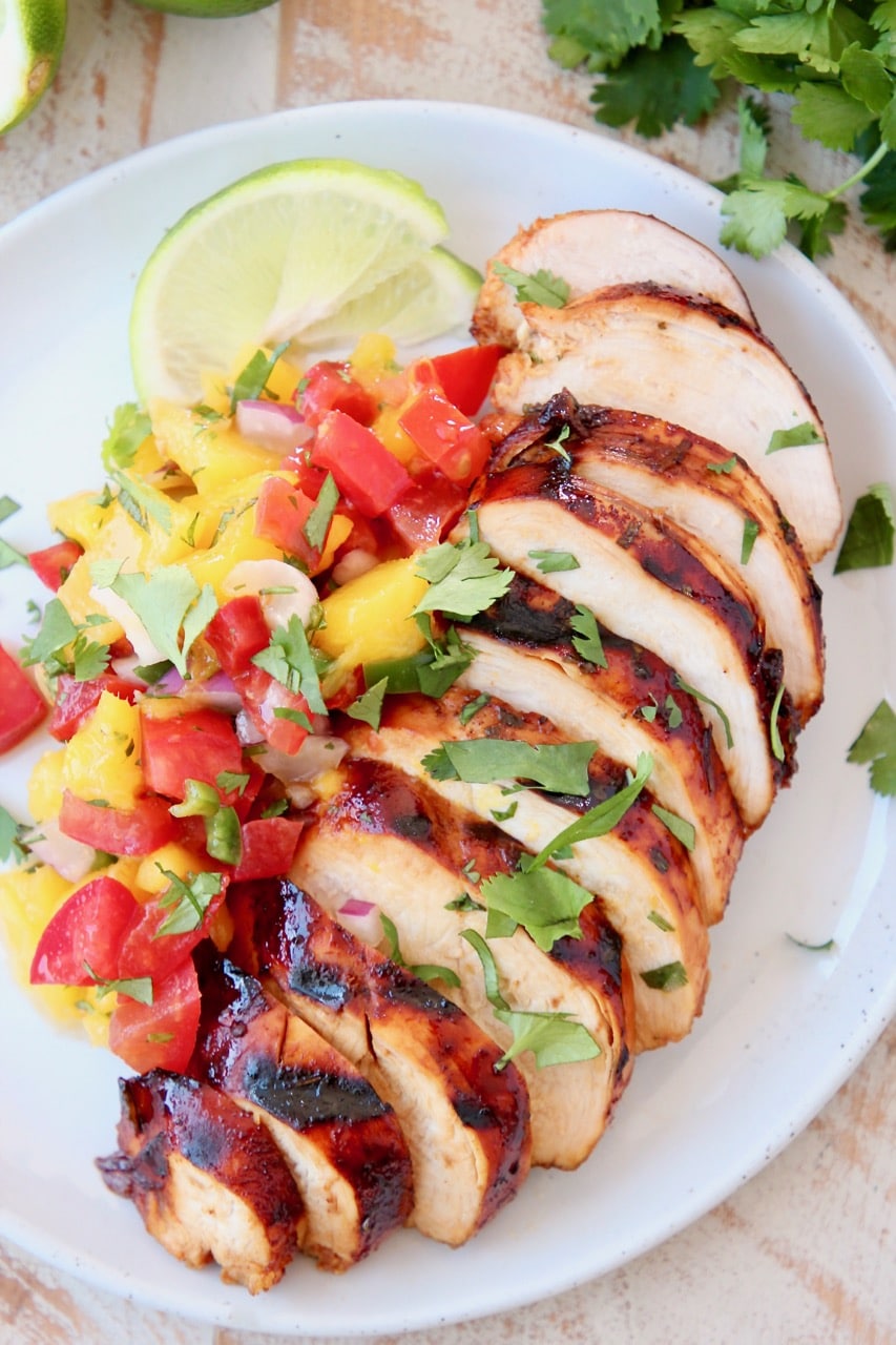 Grilled Chicken topped with Mango Salsa and Fresh Cilantro