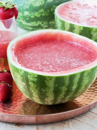 Strawberry Watermelon White Wine Slushies in Watermelon on Copper Tray