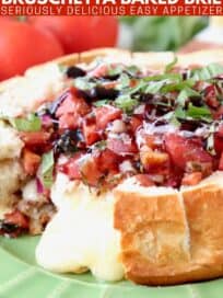 tomato basil bruschetta in sourdough bread bowl with melty brie cheese