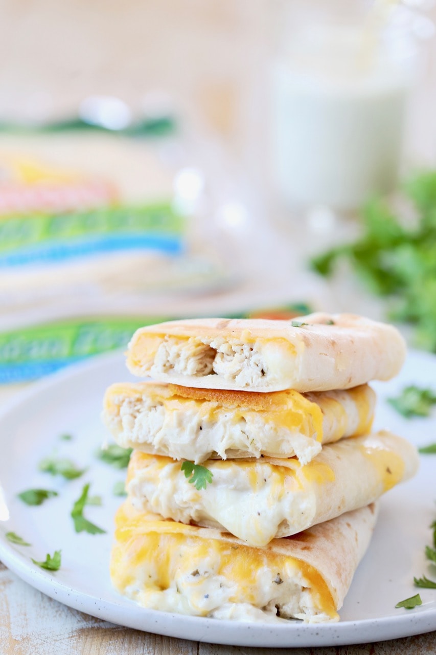 Cheesy Chicken Ranch Wraps Cut in Half with Fresh Cilantro