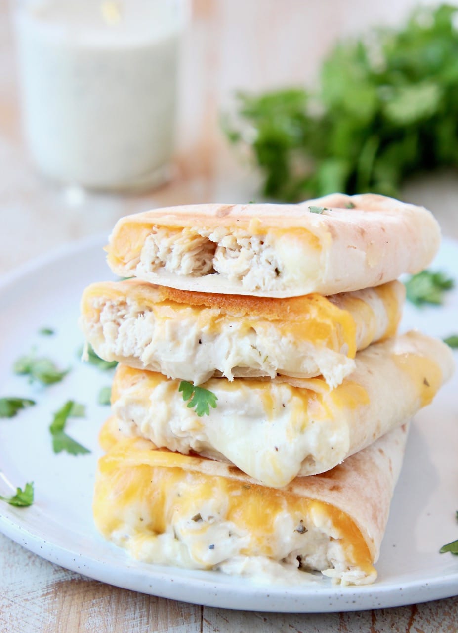 Gluten Free Cheesy Chicken Ranch Wraps with Cilantro and Ranch Dressing in Mason Jar