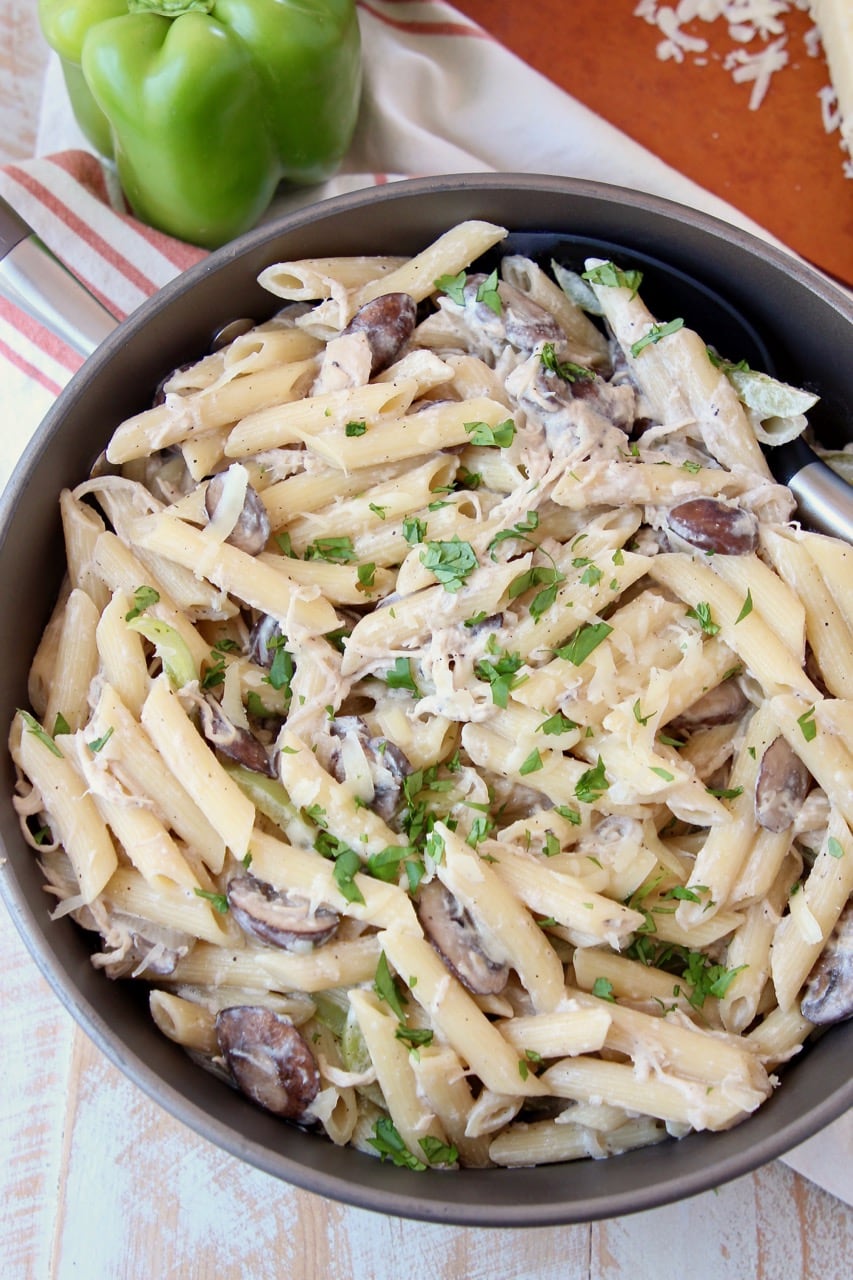 French Onion Chicken Pasta with Gruyere Cheese and Green Bell Peppers