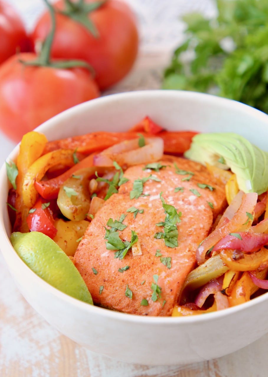 Salmon Fajita Rice Bowl with Sliced Avocado and Bell Peppers