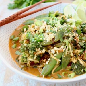 Vegan Pad Thai with Zoodles, Sugar Snap Peas, Peanuts, Scallions and Limes