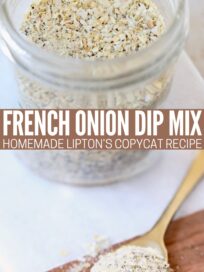 french onion dip mix in mason jar and in small gold spoon on cutting board