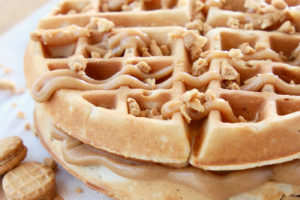 Peanut Butter Waffles with Creamy Peanut Butter Filling and Peanut Butter Syrup with Nutter Butter Cookies