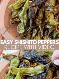 cooked shishito peppers in wooden bowl