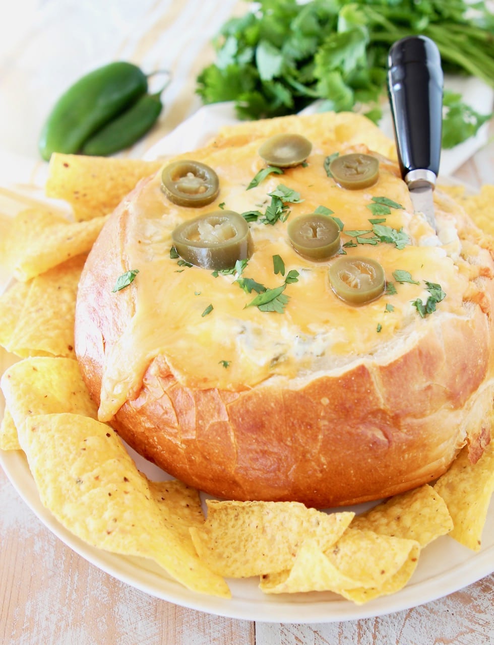 Jalapeno Popper Bread Bowl with Tortilla Chips on plate