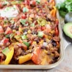 Mini Pepper Nachos with Ground Turkey, Beans, Tomatoes, Corn, Cheese and Avocado