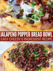Close-up of a jalapeno popper bread bowl topped with crispy bacon and diced jalapenos, showcasing a cheesy and savory texture. Text overlays: "Jalapeno Popper Bread Bowl, Easy Cheesy 5 Ingredient Recipe."