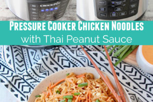 Pressure cooker chicken noodles with thai peanut sauce collage with text overlay