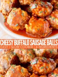 sausage balls stacked up on plate covered with buffalo sauce