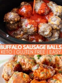 sausage balls in slow cooker and stacked up on plate covered with buffalo sauce