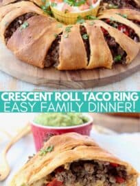 Crescent roll wrapped ground beef taco ring on wood serving board and sliced on plate