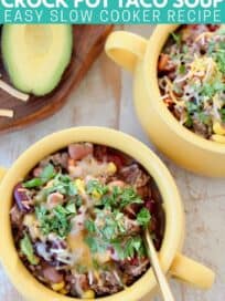 Overhead image of taco soup in yellow bowls