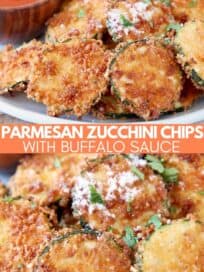 crispy zucchini chips piled up on plate with parmesan cheese sprinkled on top