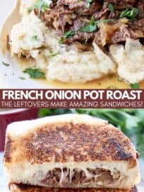 shredded pot roast on mashed potatoes and in a grilled cheese sandwich