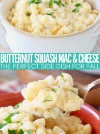 butternut squash mac and cheese in bowl with fork