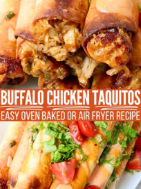 Close-up of crispy buffalo chicken taquitos topped with diced tomatoes, lettuce, and sauce. Text overlay reads "Buffalo Chicken Taquitos: Easy Oven Baked or Air Fryer Recipe."