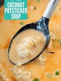 potsticker soup in pot with spoon lifting potsticker out of the soup