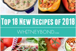 Top 18 News Recipes 2018 - text overlay on collage of images of german meatballs, buffalo chicken stuffed peppers, bruschetta baked brie and buffalo chickpea buddha bowls