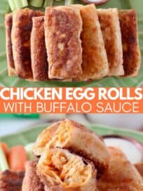 egg rolls stacked up on plate with roll sliced open