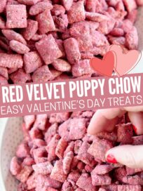 red velvet puppy chow in bowl