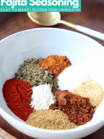 Image of fajita seasoning spices in bowl with spoon, with text overlay