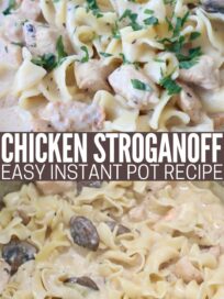 chicken stroganoff in Instant Pot and in bowl with fork