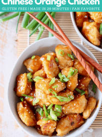 Image of Chinese orange chicken in bowl with chopsticks with text overlay
