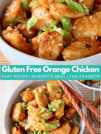 Image of Chinese orange chicken in bowl with chopsticks with text overlay