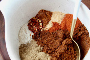 Blend of spices in bowl with white and gold spoon