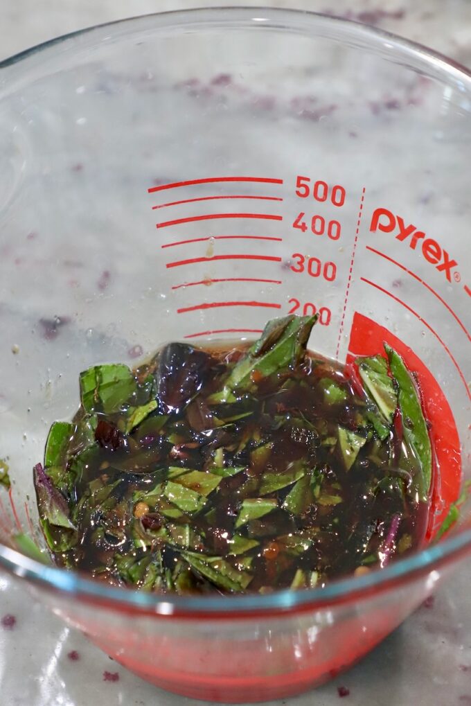 sauce for drunken noodles in glass measuring bowl