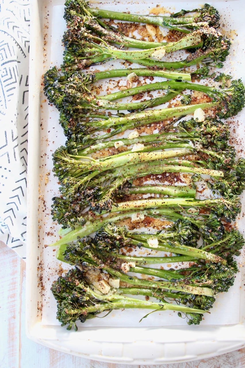 Roasted broccolini on baking sheet