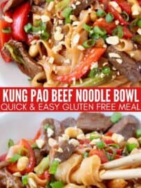 kung pao beef and noodles in bowl with red peppers and green onions