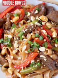 overhead image of kung pao beef and noodles in bowl with red peppers and green onions
