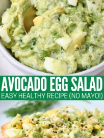 avocado egg salad in a bowl with a spoon and on a piece of toast on a plate