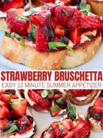 diced strawberries, tossed with fresh basil and balsamic vinegar, on top of goat cheese on toasted baguette slices on a plate