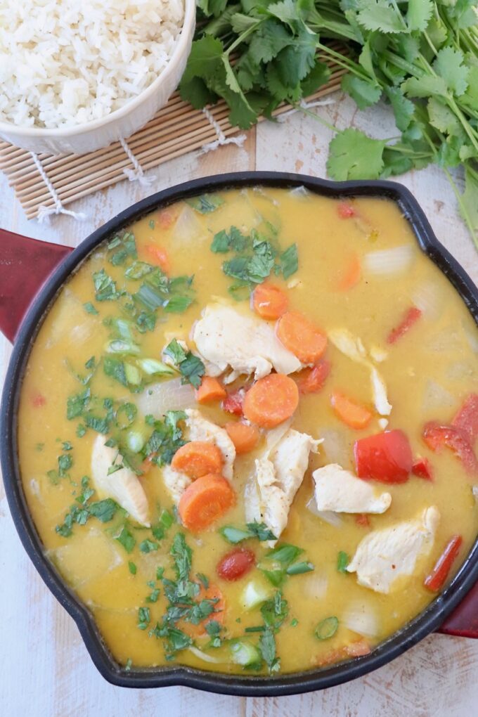 yellow curry chicken in skillet