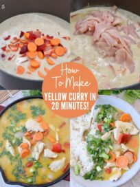 collage of images showing how to cook chicken and vegetables in yellow curry sauce