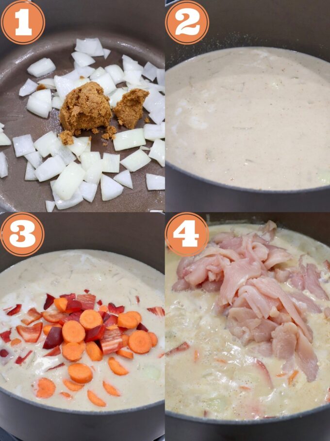 collage of images showing how to make yellow curry