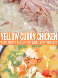raw sliced chicken in yellow curry sauce and cooked chicken and vegetables in yellow curry sauce