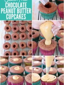 collage of images showing how to make peanut butter filled chocolate cupcakes