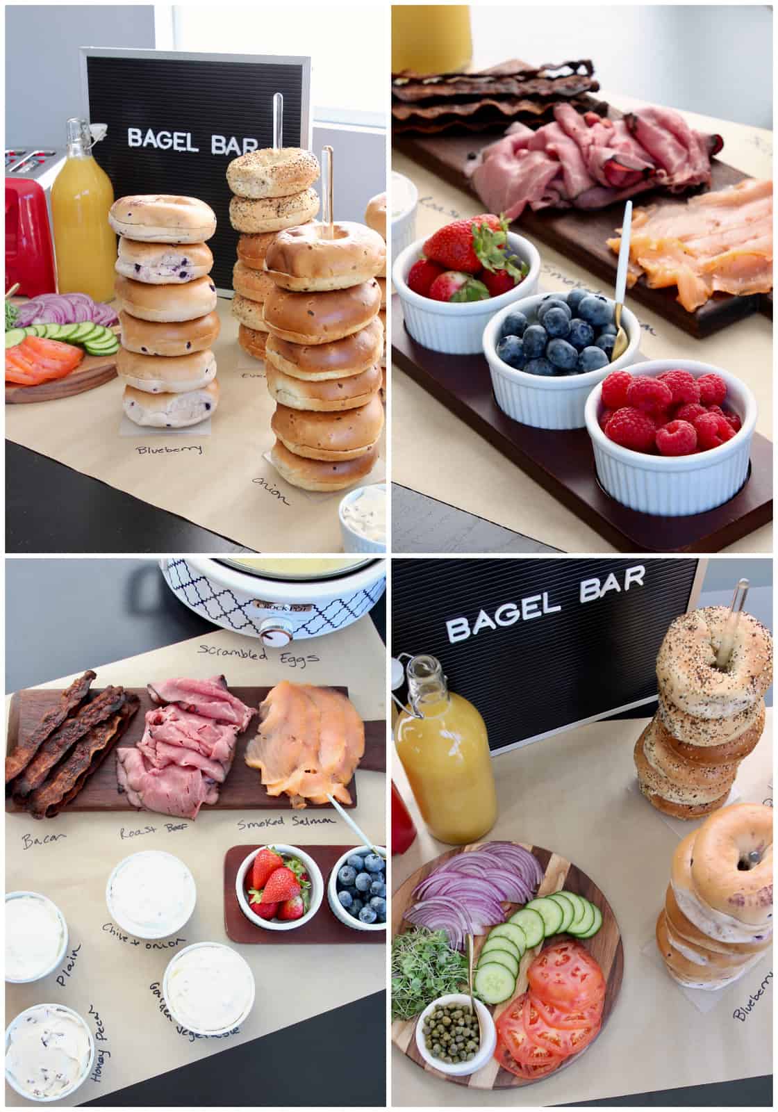 Collage of images of a bagel bar setup