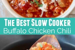Buffalo chicken chili in bowl and in slow cooker with spoon