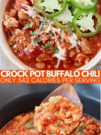 Buffalo chicken chili in slow cooker and bowl with spoon