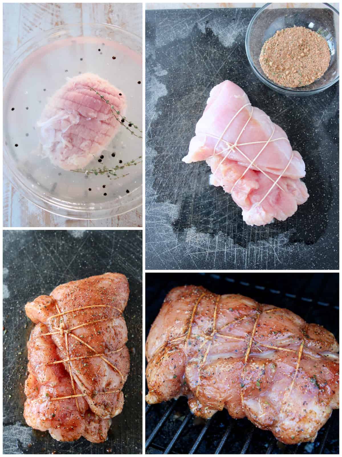 Collage of images showing how to brine, rub and smoke a turkey breast
