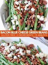 Fresh green beans in bowl topped with crumbled pecans, bacon and blue cheese